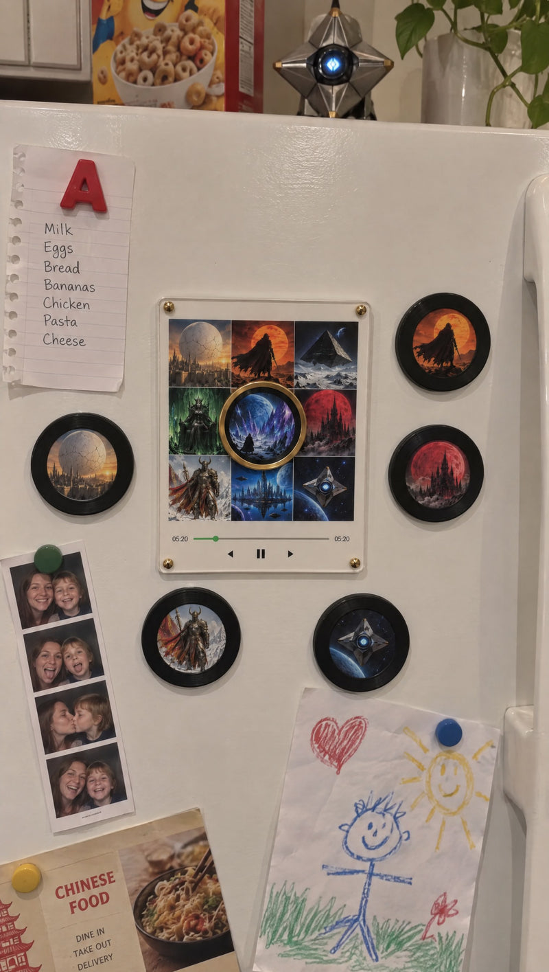 Destiny Spin fridge vinyl on a kitchen fridge