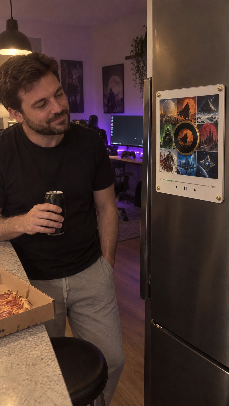 Destiny Spin fridge vinyl on a kitchen fridge