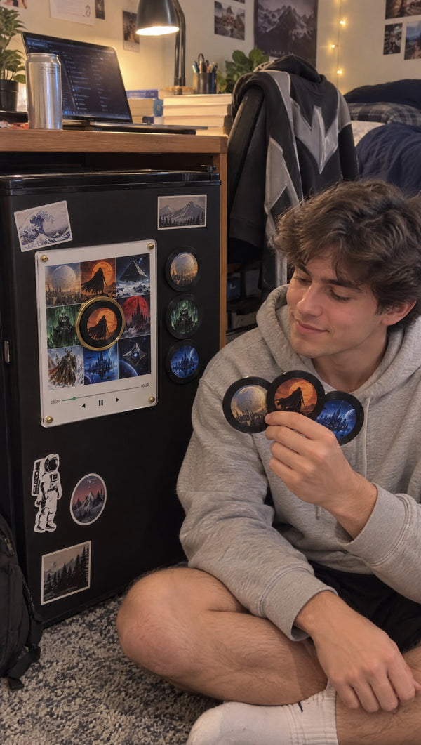 Destiny Spin fridge vinyl on a dorm mini fridge