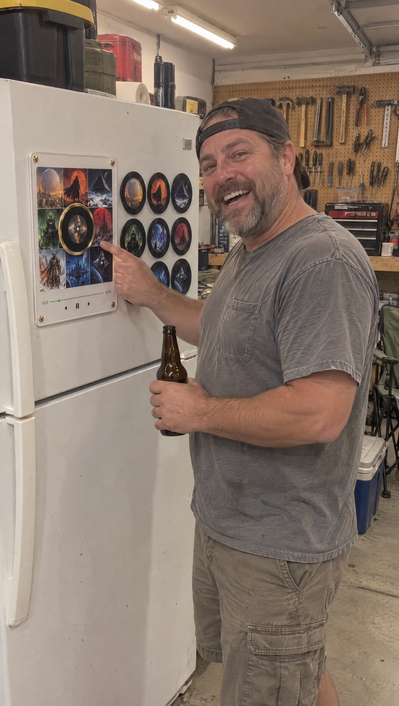 Destiny Spin fridge vinyl on a garage fridge