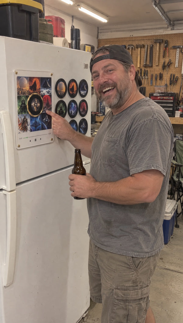Destiny Spin fridge vinyl on a garage fridge