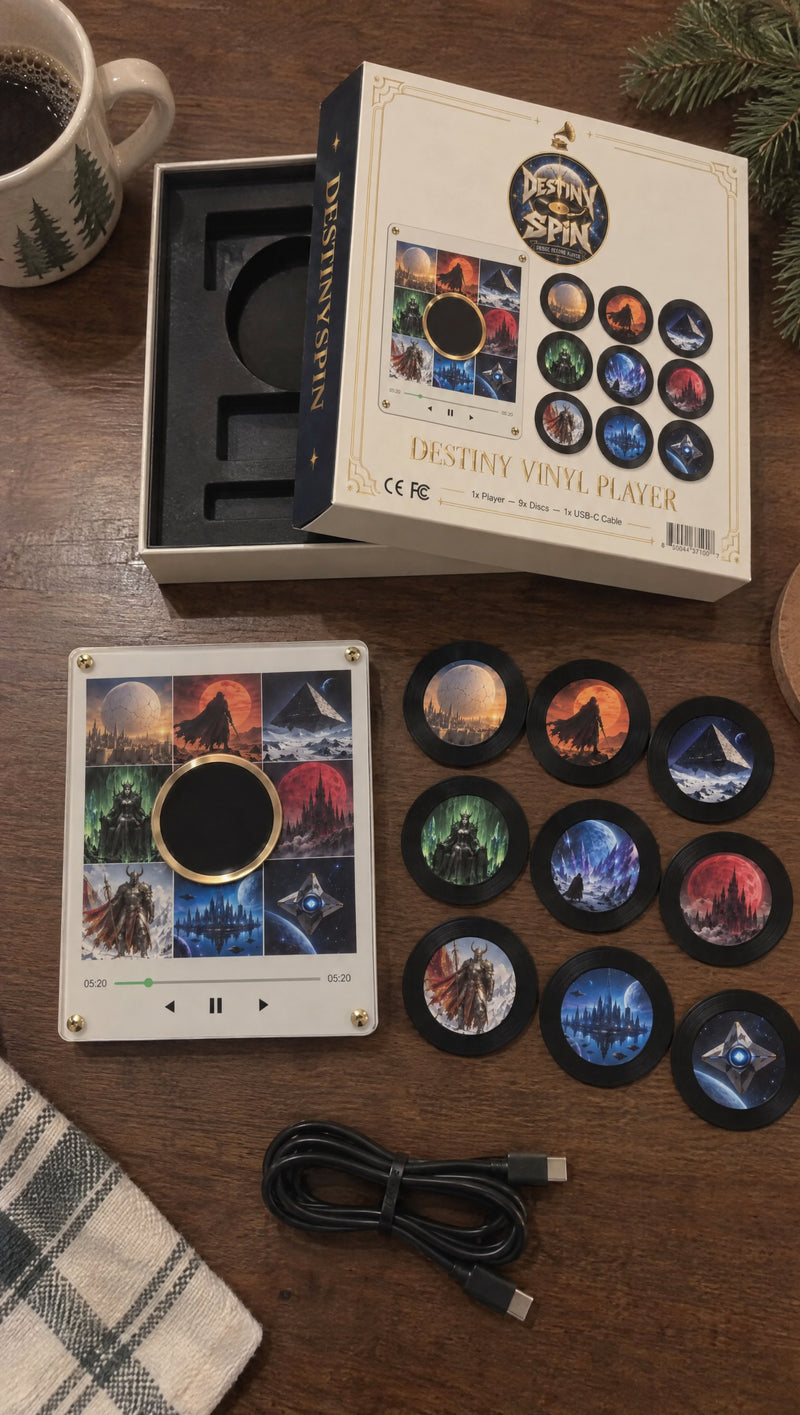 Destiny Spin fridge vinyl player, discs and box